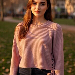 Moon & Madison Womens Sweater Size L Pink Ribbed Cropped Tie Sides